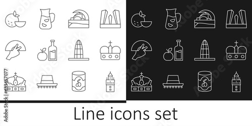 Set line Giralda, Crown of spain, Concert hall de Tenerife, Apple cider bottle, Fan flamenco, Orange fruit, Agbar tower and Sangria icon. Vector