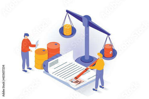 Oil industry concept in 3d isometric design. People singing deal documents for selling petroleum products in barrels to global fuel market. Vector illustration with isometry scene for web graphic