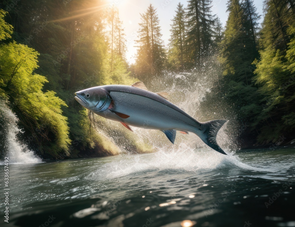 Fototapeta premium Salmon jumping against the current in a beautiful forest.generative AI