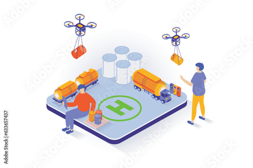 Oil industry concept in 3d isometric design. People working at petroleum storage factory with containers, tank railroad wagons, flying drones. Vector illustration with isometry scene for web graphic