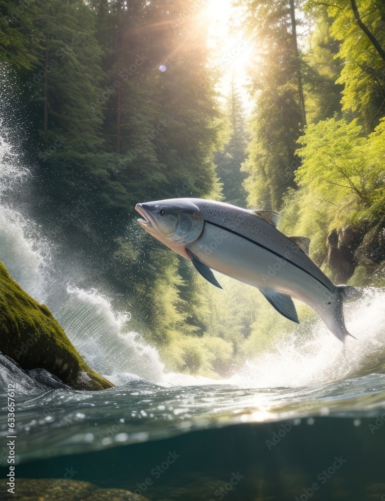 Fototapeta premium Salmon jumping against the current in a beautiful forest.generative AI