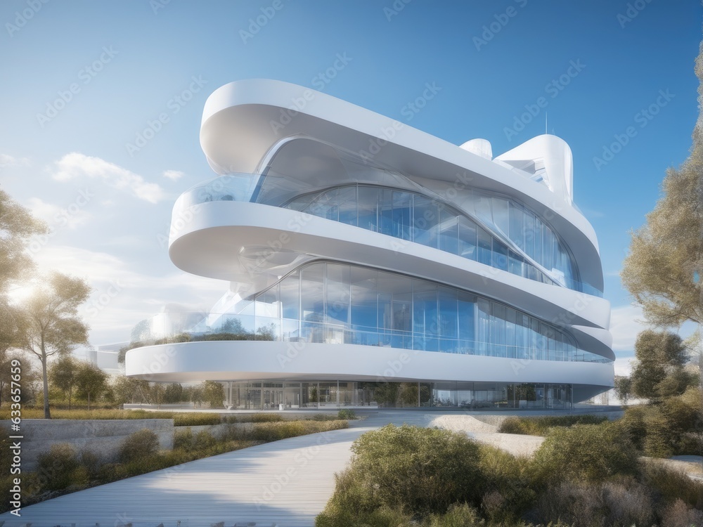 White futuristic building against the blue sky and white clouds White futuristic building against the blue sky and white clouds