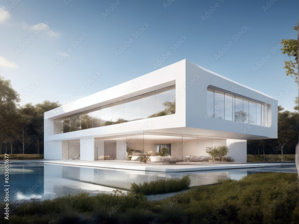 Fototapeta premium White futuristic building against the blue sky and white clouds