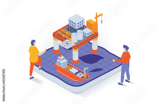 Oil industry concept in 3d isometric design. People at petroleum extraction factory with machinery platform for manufacturing and shipping. Vector illustration with isometry scene for web graphic