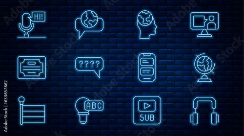 Set line Headphones, Earth globe, Learning foreign languages, Speech bubbles with Question, Certificate template, Microphone voice device, Online translator and icon. Vector