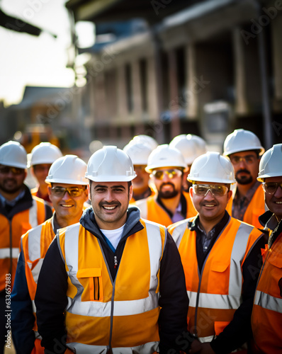 Slika na platnu Team or group of construction workers, engineers or architects wearing hard hats and reflective vests