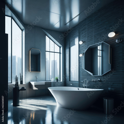 Modern Minimalist Bathroom Interior Design, Decorative Metal Futuristic Elements Wall, Round Ceramic Bathtub and Sink, Large Mirror With Warm Led Lights Strip, Generative AI
