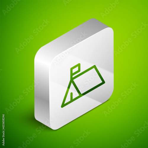 Isometric line Protest camp icon isolated on green background. Protesting tent. Silver square button. Vector