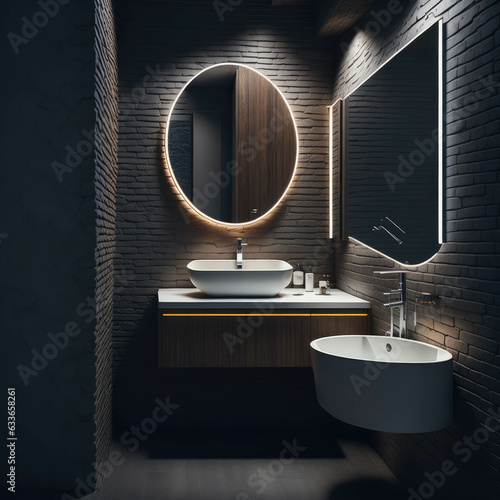 Modern Minimalist Bathroom Interior Design, Decorative Stone Brick Wall, Round Ceramic Bathtub and Sink, Large Mirror With Warm Led Lights Strip, Generative AI