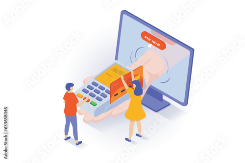 Online shopping concept in 3d isometric design. People making purchases in store webpage, ordering delivery and paying in pos terminal by card. Vector illustration with isometry scene for web graphic