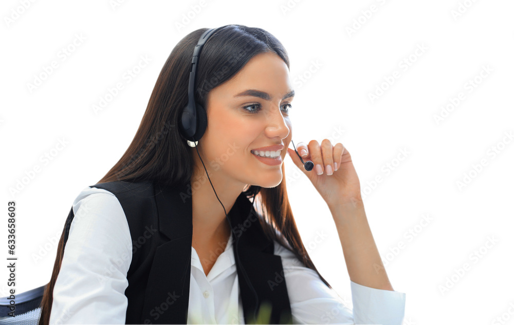 Portrait of call center worker. Smiling customer support operator at work on a transparent background Portrait of call center worker. Smiling customer support operator at work on a transparent background