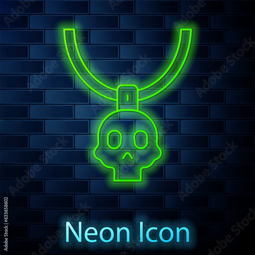 Glowing neon line Necklace amulet icon isolated on brick wall background. Vector