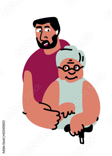 Portrait of a son supporting his mother by the elbow. Concept of caring for elderly moms or happy mother's day. The relationship of generations. Help old people. Vector, flat, cartoon illustration.