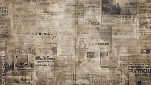 old newspapers covered with stains and dirt pasted on the wall. Generative Ai. 