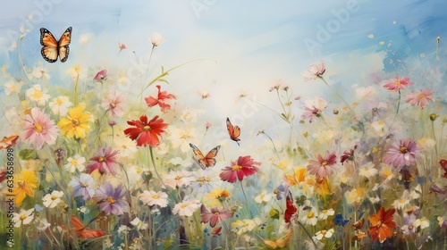  a painting of a butterfly flying over a field of flowers.  generative ai © Olga