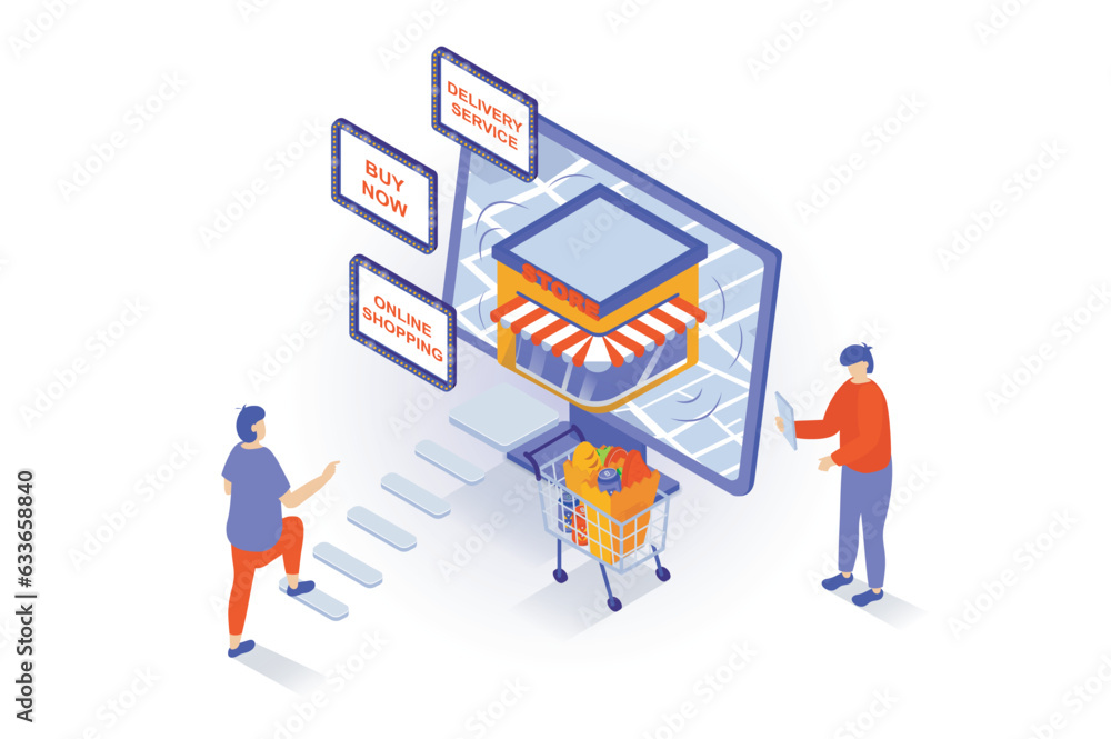 Online shopping concept in 3d isometric design. People making purchases in store webpage with advertising offers, ordering and paying in app. Vector illustration with isometry scene for web graphic
