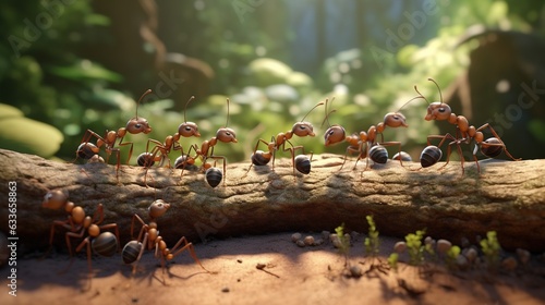  a group of ants crawling on a log in a forest.  generative ai
