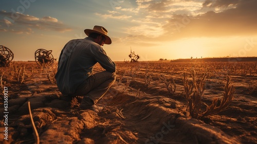 In dry fields, a farmer confronts the aftermath of a harsh drought. The barren landscape speaks of limited food and urgent need, underlining the serious impact of prolonged dry weather. 'generative AI