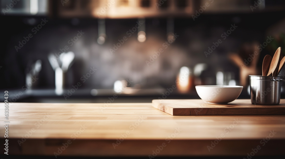 empty table board and defocused modern kitchen background empty table board and defocused modern kitchen background