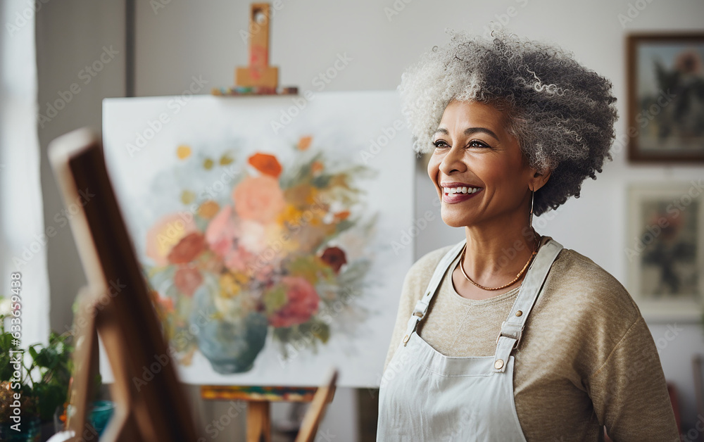 Black african american senior dark-skinned talented female artist painting at her home Black african american senior dark-skinned talented female artist painting at her home