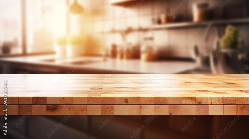 empty table board and defocused modern kitchen background