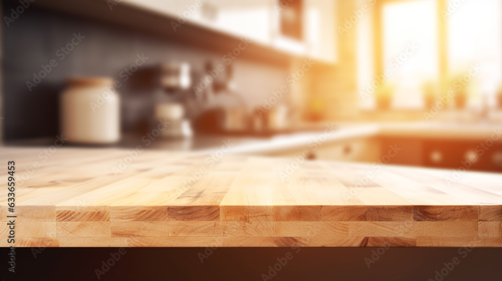 empty table board and defocused modern kitchen background empty table board and defocused modern kitchen background