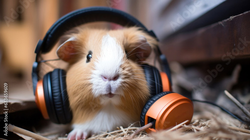 guinea pig listen music in earphones photo