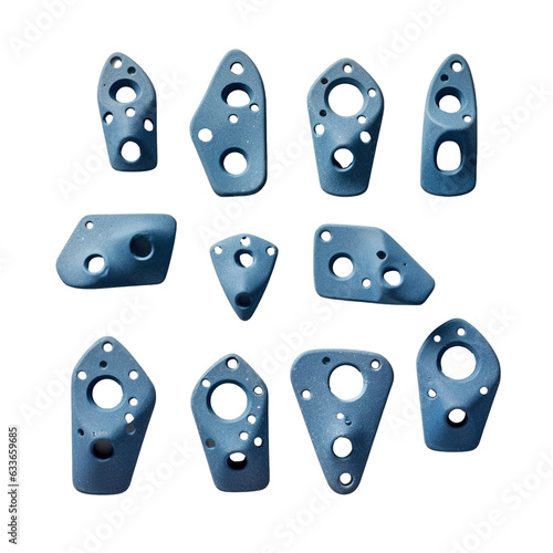 Set of blue rock climbing holds isolated on transparent background