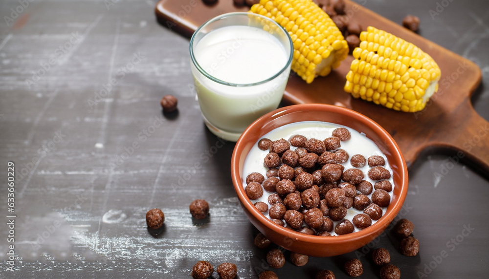 Corn chocolate balls with milk. A healthy breakfast Corn chocolate balls with milk. A healthy breakfast