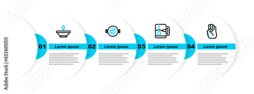 Set line Indian symbol hand, Cup of tea with tea bag, Chicken tikka masala and Aroma lamp icon. Vector