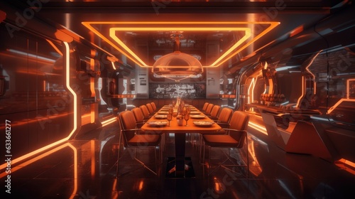 Sci-fi futuristic restaurant in orange and red colors