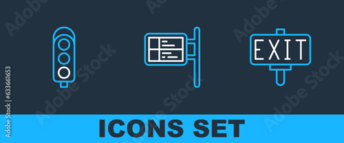 Set line Fire exit, Traffic light and ublic transport board icon. Vector