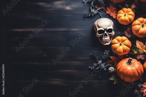 Foto Creepy Halloween pumpkin-shaped cookies with an evil face and eyes on a black wooden table with candles