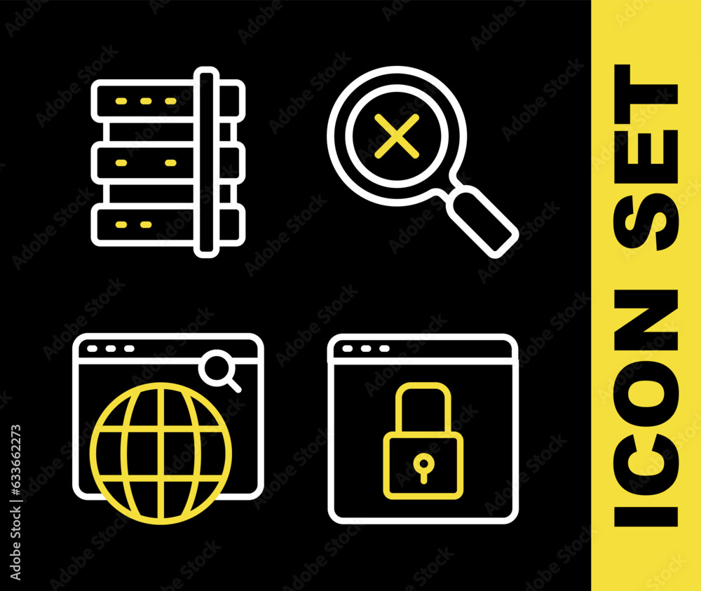 Set line Magnifying glass and delete, Secure your site with HTTPS, SSL, Search engine and Server icon. Vector Set line Magnifying glass and delete, Secure your site with HTTPS, SSL, Search engine and Server icon. Vector