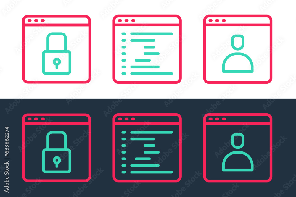 Set line Create account screen, Secure your site with HTTPS, SSL and Browser window icon. Vector Set line Create account screen, Secure your site with HTTPS, SSL and Browser window icon. Vector