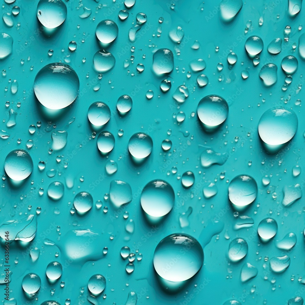 Macro studio photo of water drops on solid blue surface. Seamless pattern