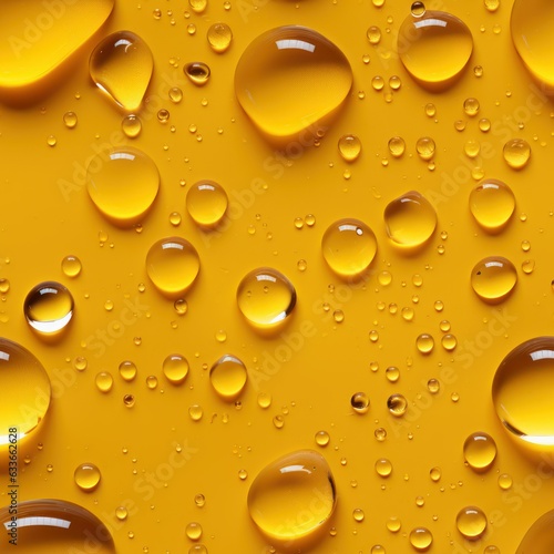 Macro studio photo of water drops on solid yellow surface. Seamless pattern