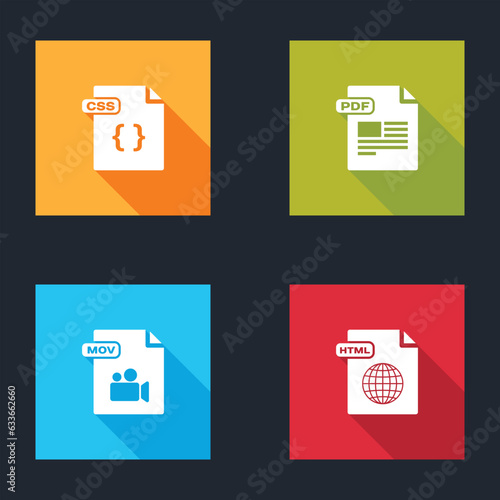 Set CSS file document, PDF, MOV and HTML icon. Vector