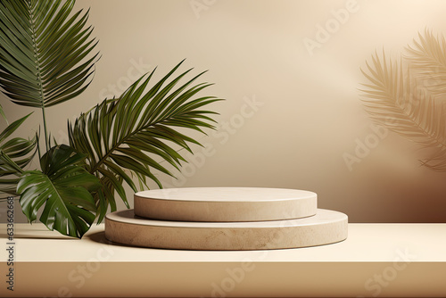 Background products display stone podium scene with palm leaf geometric platform. 