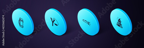 Set Isometric Campfire, Flashlight, Slingshot and Thermos container icon. Vector