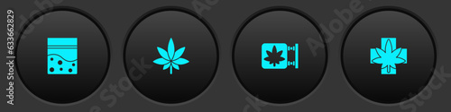 Set Plastic bag of cannabis, Marijuana or leaf, and store and Medical marijuana icon. Vector