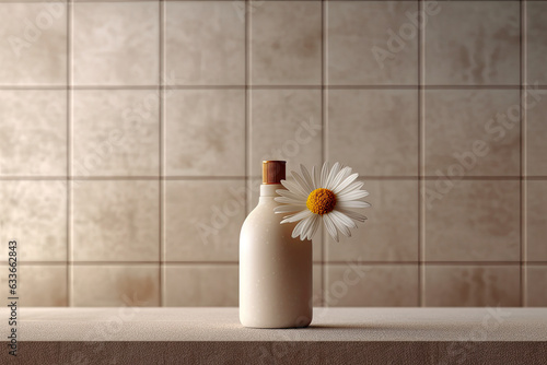 An empty cosmetic bottle with a daisy