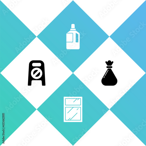 Set Wet floor and cleaning in progress, Cleaning service for windows, Fabric softener and Garbage bag icon. Vector
