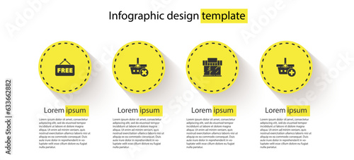Set Price tag with text Free, Remove shopping basket, Shopping building or market store and Add. Business infographic template. Vector