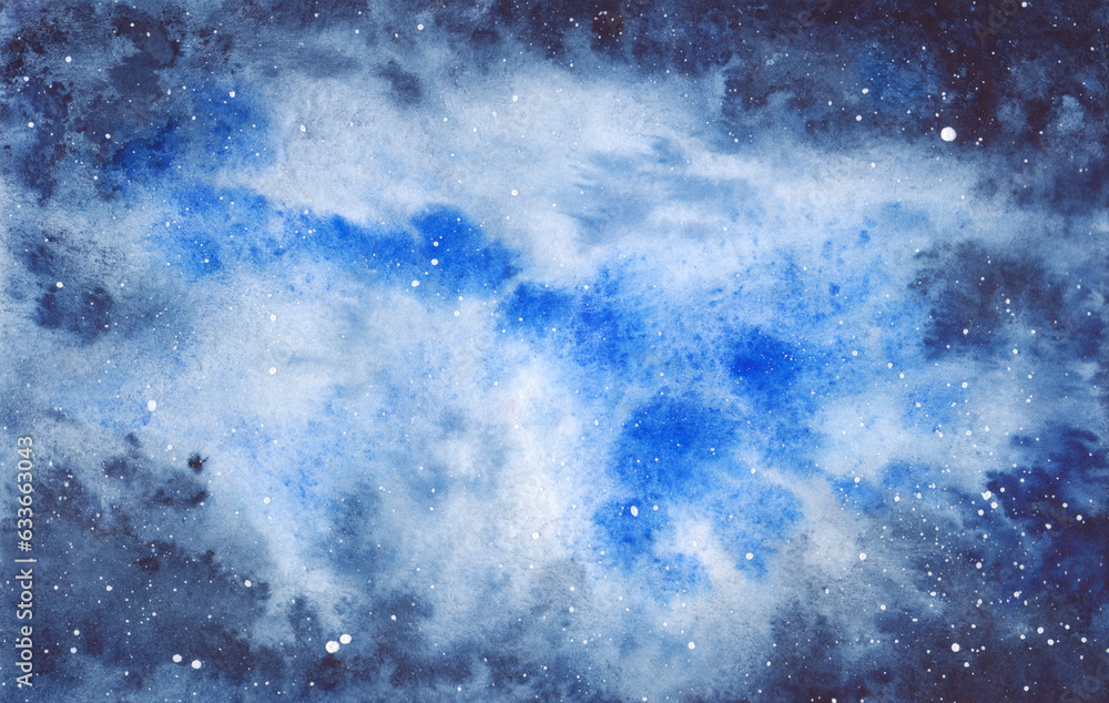 Fototapeta premium Watercolor illustration of a nebula, a night starry sky with a gradient. Hand-drawn. Template for poster, design and decoration. The texture of watercolor on paper. Watercolor abstract background.