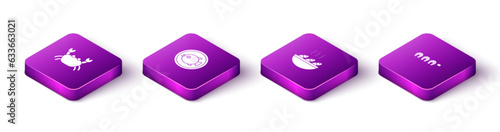 Set Isometric Crab, Puffer fish on plate, Fish soup and Grilled steak icon. Vector