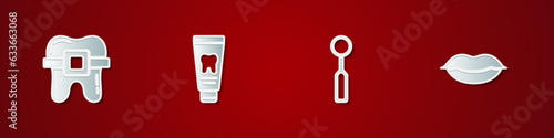 Set Teeth with braces, Tube of toothpaste, Dental inspection mirror and Smiling lips icon. Vector