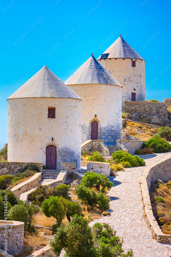 Picturesque windmills and castle of Panteli in Leros island, Greece