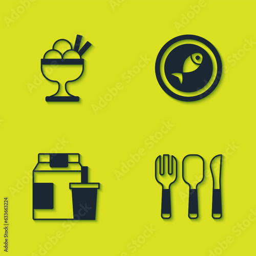 Set Ice cream in bowl, Fork, spoon and knife, Online ordering delivery and Served fish plate icon. Vector