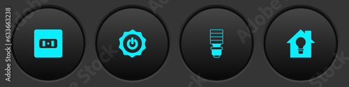 Set Electrical outlet, Power button, LED light bulb and Smart house and icon. Vector